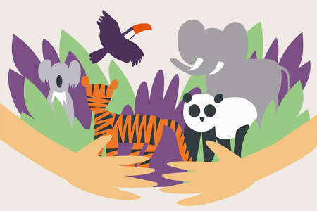 Illustration of hands hugging and protecting wild animals from extinctionのイラスト素材