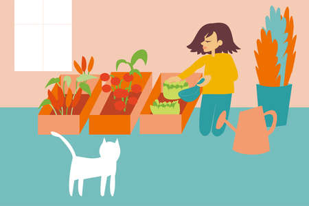 Illustration of woman cultivating organic and fresh vegetables in a urban food gardenのイラスト素材