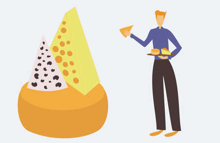 Illustration of cheese seller presenting a table of cheeseのイラスト素材