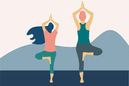 Illustration of two women practicing the tree pose of yoga. Fitness and wellnessのイラスト素材