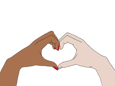 Illustration of different people raising doing an heart sign with their hands. Anti-racism conceptのイラスト素材