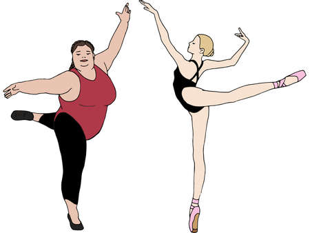 Illustration of a plus size woman dancing with an slim woman. Women Diversityのイラスト素材