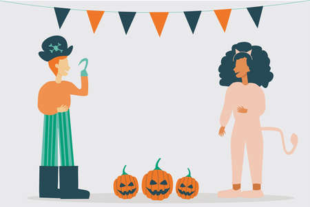 Illustration of cool kid characters wearing halloween costumesのイラスト素材