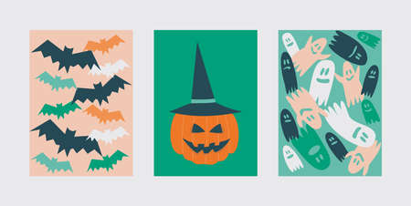 Illustration of halloween postcards and stamps with bats, ghosts and pumpkinのイラスト素材
