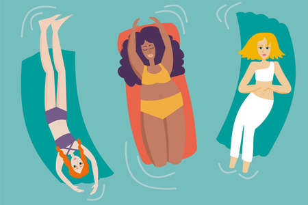 Group of women with different body shapes enjoying the pool - Body Positive Conceptのイラスト素材
