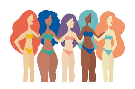 Group of women with different shapes embracing their bodies  - Body Positive Conceptのイラスト素材