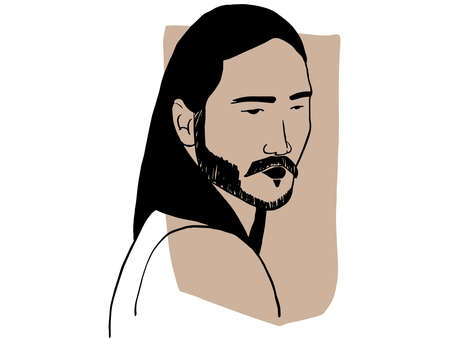 Hand draw outline portrait of an asian man with light bown sample color. Abstract colletion of different people and skin tones. Diversity conceptのイラスト素材