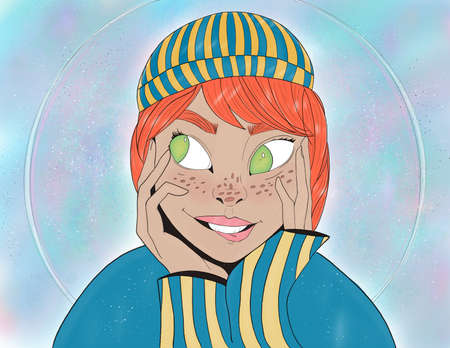 Hand-draw illustration of a red hair woman portrait with freckles on the face