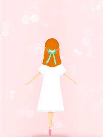 Hand-draw illustration of a ballet dancer girl with pointe shoes over light pink backgroundの写真素材