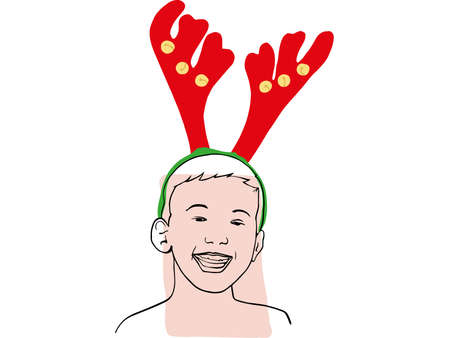 Hand draw outline portrait of a caucasian boy with christmas costume. Skin color sample on her face.のイラスト素材