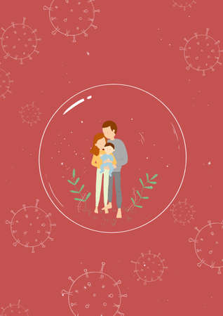 Illustration of a couple with a baby inside a protective bubble during the  virus Pandemicの写真素材