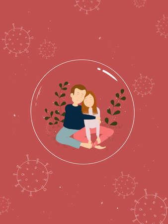 Illustration of a romantic couple inside a protective bubble. Valentines Day during the  virus Pandemicの写真素材