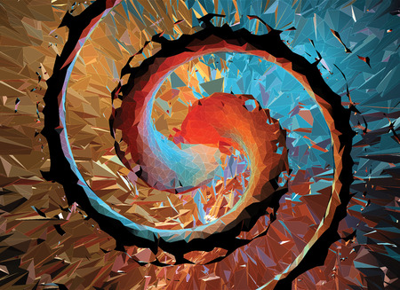Polygonal colorful spiral abstract background with white wireframe