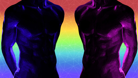 Polygonal couple of male body muscle on rainbow backgroundのイラスト素材