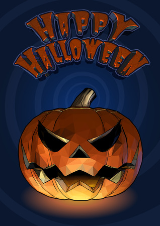 Halloween pumpkin jack o lantern with scary expression in cartoony style on blue spiral backgroundのイラスト素材