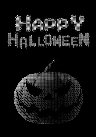 Halloween pumpkin jack lantern with white digital pixel 8 bit style on dark backgroundのイラスト素材