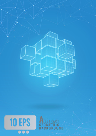 Glowing abstract geometric cube wireframe with graphic line on blue backgroundのイラスト素材