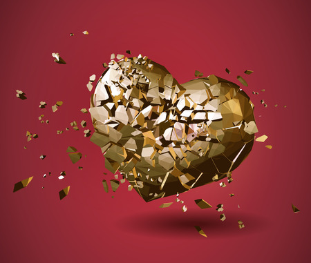 Broken golden polygonal heart illustration on red backgroundのイラスト素材