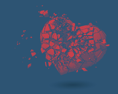 Red broken heart with pen and ink drawing illustration style on blue backgroundのイラスト素材