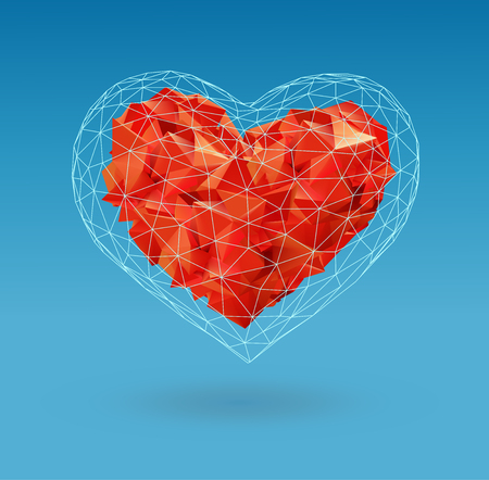 Abstract red geometric shapes combine to heart symbol in polygonal wireframe cage on blue backgroundのイラスト素材