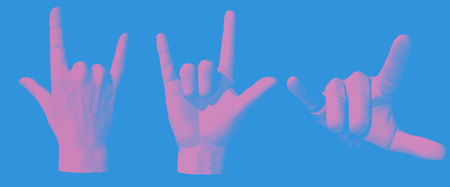 Pink engraving hand sign pose I love you gesture illustration on blue background