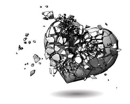 Monochrome broken heart with pen and ink drawing illustration style on white backgroundのイラスト素材