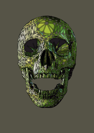 Vector skull front open jaw drawing,Human boho ornamental blob shape decorative skull with green color.のイラスト素材