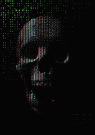 Skull open jaw illustration combine from many digital hacker text on dark backgroundのイラスト素材