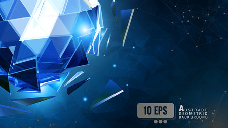 The glowing blue polygonal abstract triangular sphere combine on dark shatter graphic template backgroundのイラスト素材