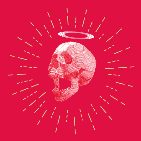 Low poly vector skull and halo ring with stripe line on starburst drawing red backgroundのイラスト素材