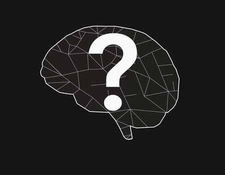 Simply stylized polygonal brain with white line and question symbol on black backgroundのイラスト素材