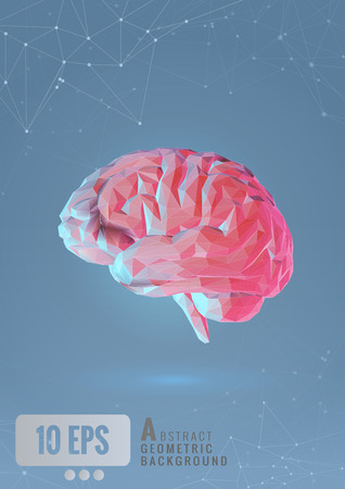 Vector polygonal brain illustration conceptual with connected dots on blue space backgroundのイラスト素材