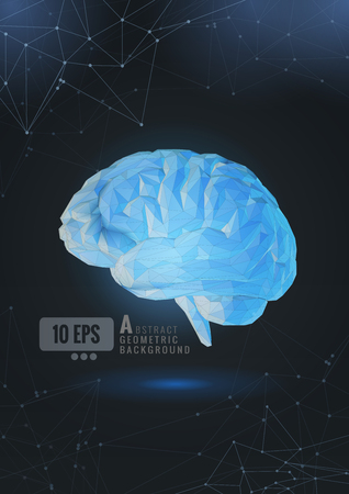 Vector polygonal brain illustration conceptual with connected dots on blue space backgroundのイラスト素材