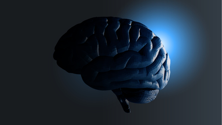 Vector polygonal brain in lateral view in darkness with glowing rim light illustrationのイラスト素材