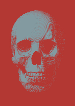 Light blue gray engraving skull  front view vector illustration on vermillion red backgroundのイラスト素材