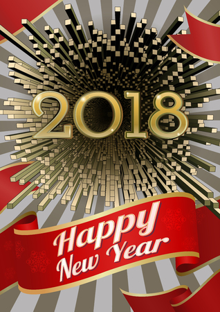 Abstract golden geometric firework  vector illustration for happy new year celebration 2018 on silver shining background with red ribbonのイラスト素材