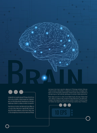 3D wireframe polygonal brain illustration on dark blue graphic template layout with technology and science conceptual.のイラスト素材