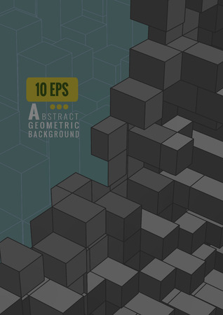 Gray isometric abstract cube array on green BG space with cube wireframeのイラスト素材