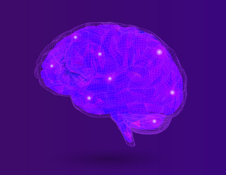 Low poly brain with barrier wireframe illustration glowing on purple backgroundのイラスト素材
