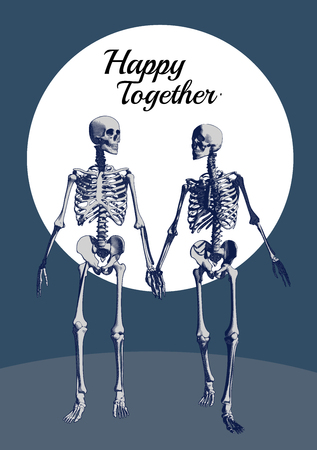 A couple of engraving skeleton in holding hand action illustration on blue color tone with moon space backgroundのイラスト素材