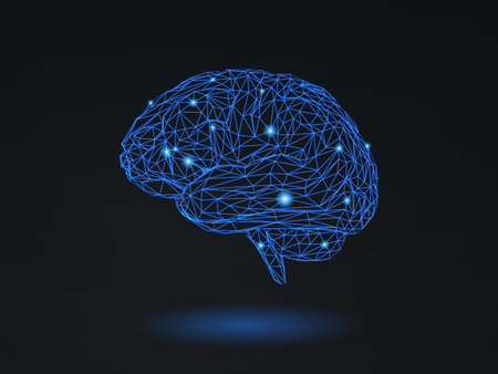 Low poly blue wireframe brain glowing with dot and line on dark space backgroundのイラスト素材