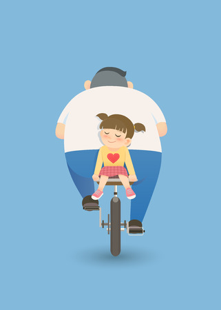 Father riding on bicycle with daughter pillion on in happy mood  illustration for father's  day greeting card on blue backgroundのイラスト素材