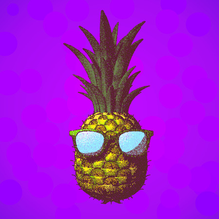 Color stipple dot drawing pineapple with sunglasses isolated on bright purple backgroundのイラスト素材