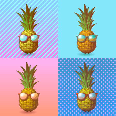 Engraving pineapple with fancy sunglasses illustration on pop art background color style for summer concept collection setのイラスト素材