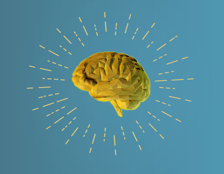Golden low poly brain illustration on green turquoise background with glowing starburst