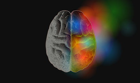 Creative concept of Left and right brain illustration with colorful on right side isolated on dark...