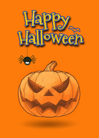 Happy halloween greeting card with engraving Jack o lantern pumpkin and spider illustration on orange backgroundのイラスト素材