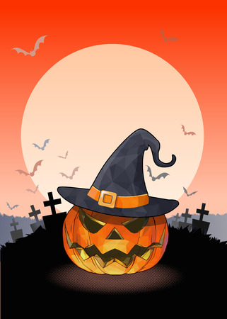 Jack o lantern the pumpkin and witch hat on full moon blank space in the graveyard background with orange and black color tone for halloween greetingのイラスト素材