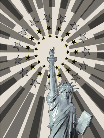 Low poly liberty in front view on monochrome shining with star backgroundのイラスト素材