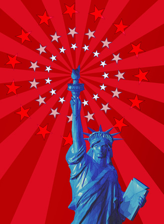 Low poly liberty in front view on colorful red shine with star backgroundのイラスト素材